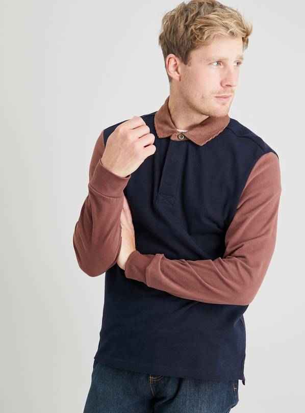 Buy Navy & Brown Corduroy Collar Rugby Top L Tshirts and polos Argos